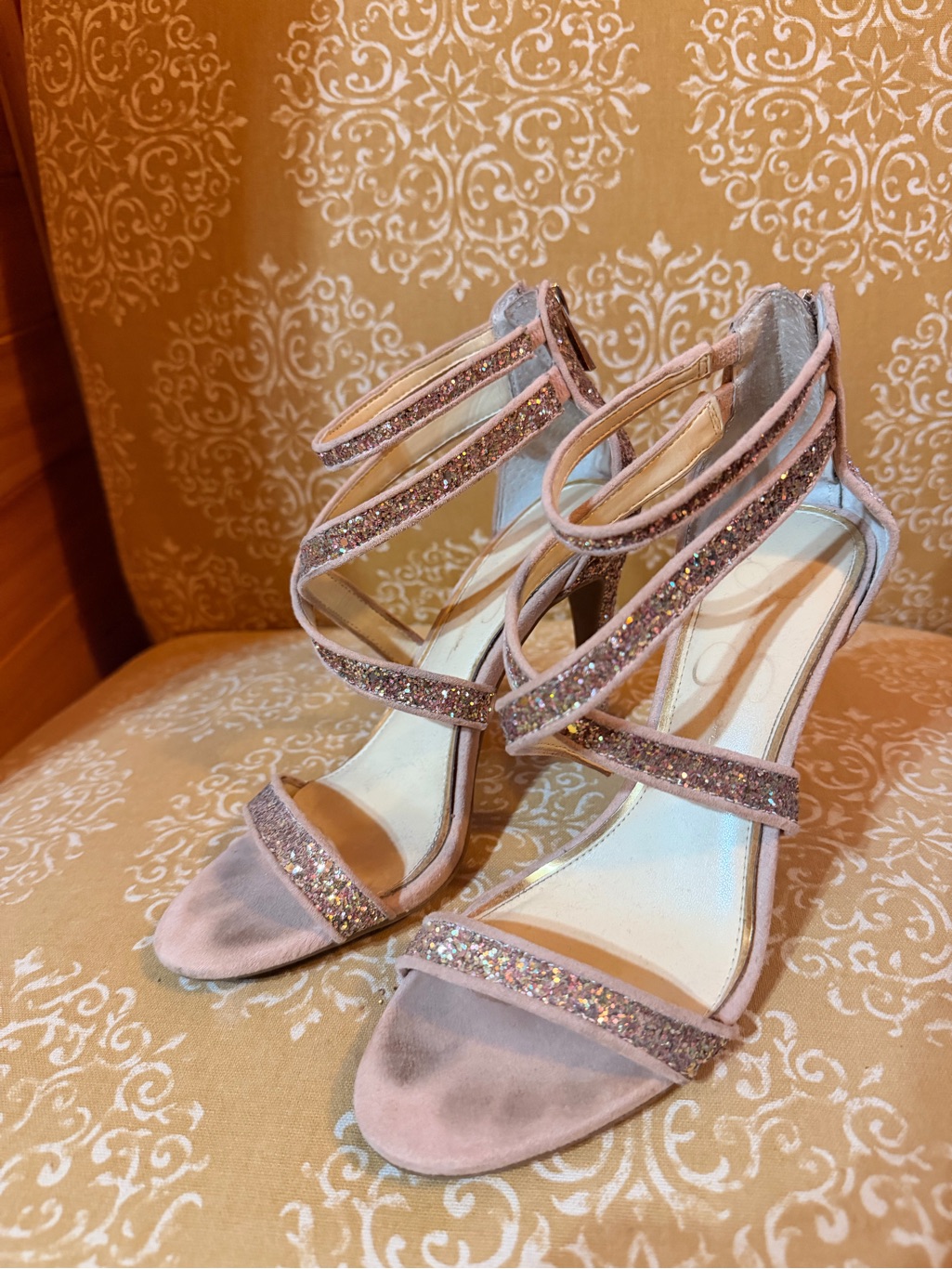Jessica Simpson Blush Pink Glitter Strappy Heels